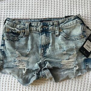 True Religion Blue Distressed Jean Shorts
